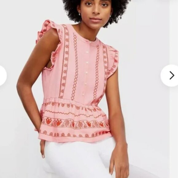 ⭐️Ruffled Embroidered Peplum Business Casual Classy Chic Girly Hip Henley Blouse - Picture 1 of 5